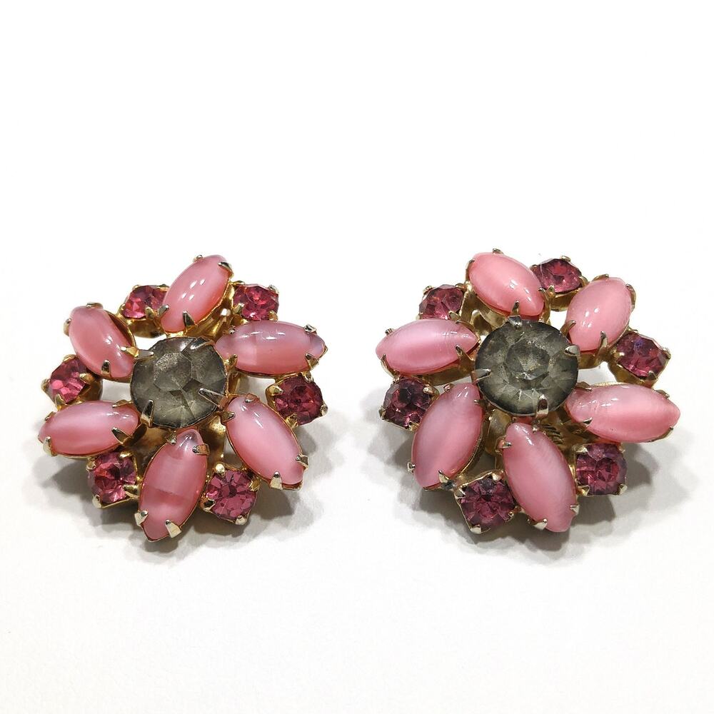 Vintage 1960s Art Glass Pink Rhinestone Clip Earrings, Gold Plated